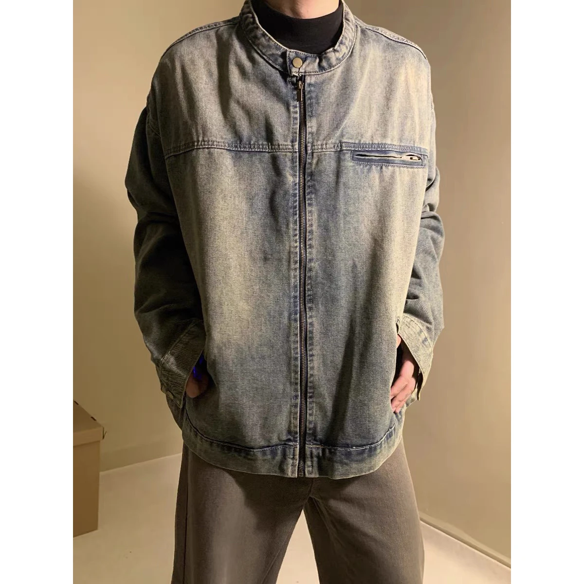 

Retro American Waed Denim Jaet ex Spring Autumn Desert Sle Loose Fit Jaet Cotton Polyester Blend Warmth Providing...