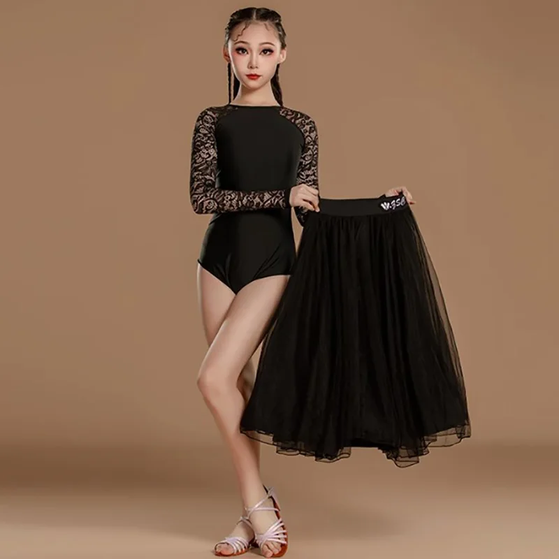 

Children National Standard Waltz Social Dancewear Kids Girls Long Sleeve Lace Bodysuit Mesh Skirts Performance Competition Dress