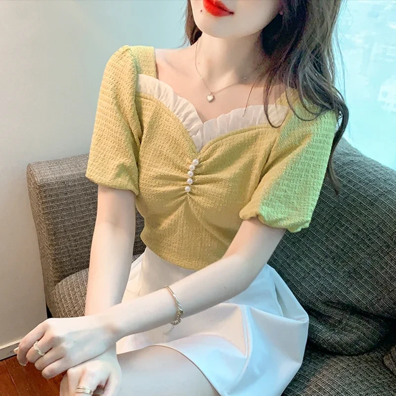 Womens Summer Tops and Blouses 2024 Korean Fashion Clothes Chiffon Blusa Mujer White y2k Vintage Puff Sleeve Tops Casual Shirts