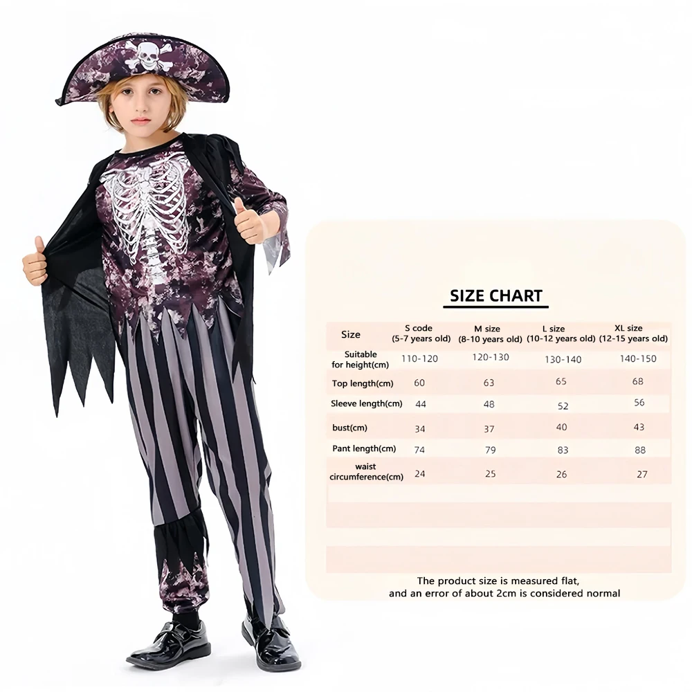 Halloween Caraibi Pirati per bambini Capitano Gioco di ruolo Vestito da scheletro per ragazze Costume da spettacolo teatrale per feste di carnevale