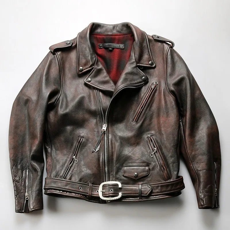 Motorcycle suit top layer cowhide hand-stitched leather men's short coat