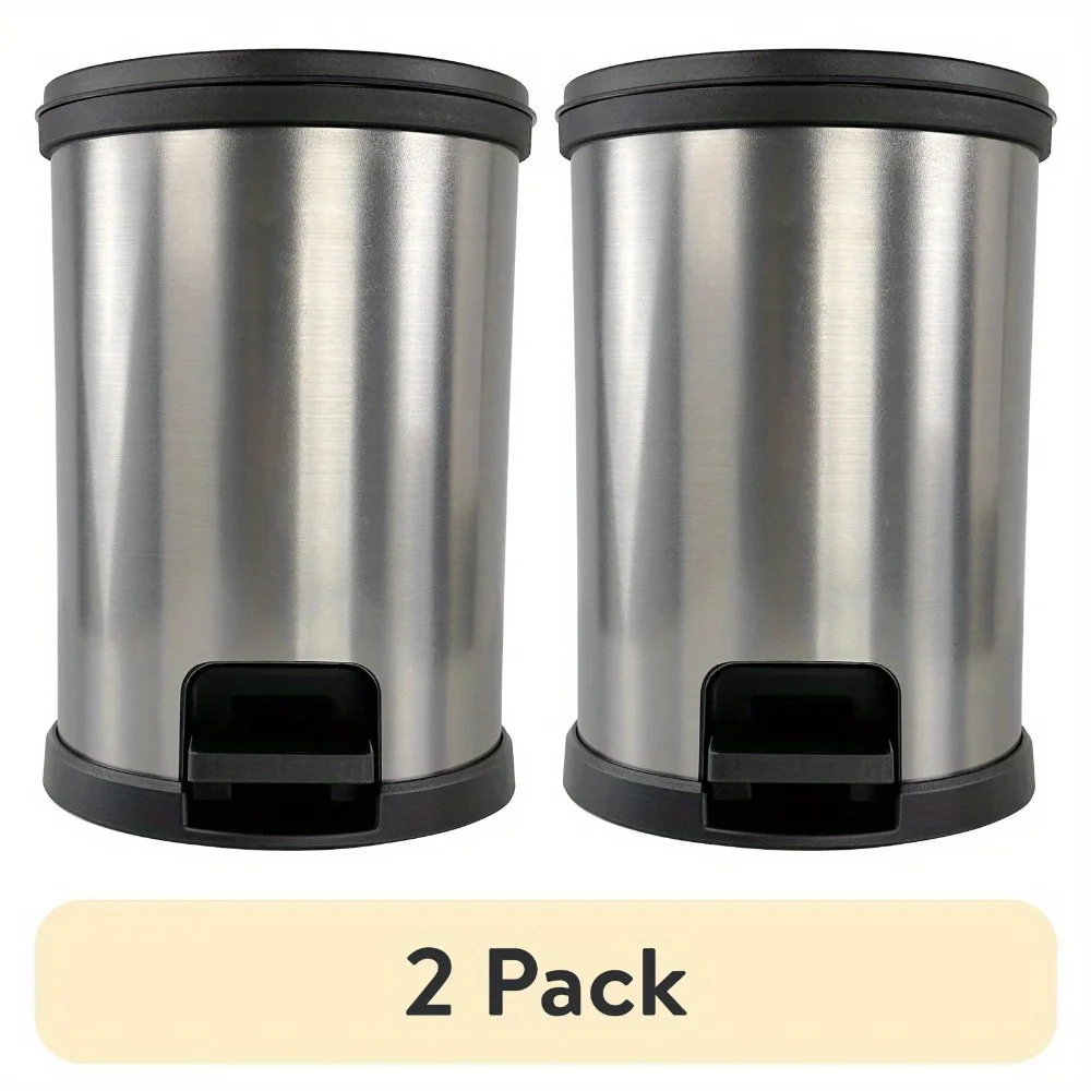 

2 Pack 1.5 Gallon Plastic Round Step Bathroom Trash Can Silver Small Garbage Bin with Lid