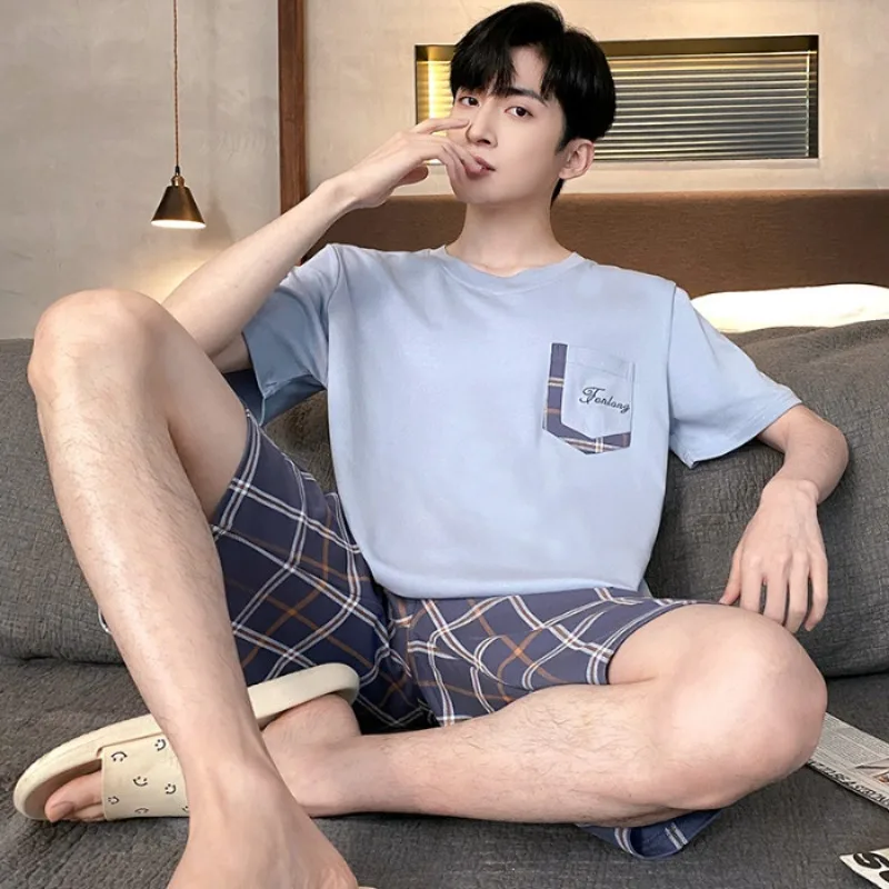 Männer Pyjamas Kurzarm Shorts Baumwolle Sommer Dünne Plus Größe Teen Loungewear Rundhals Pullover Plaid Shorts Easy Wash Pyjamas