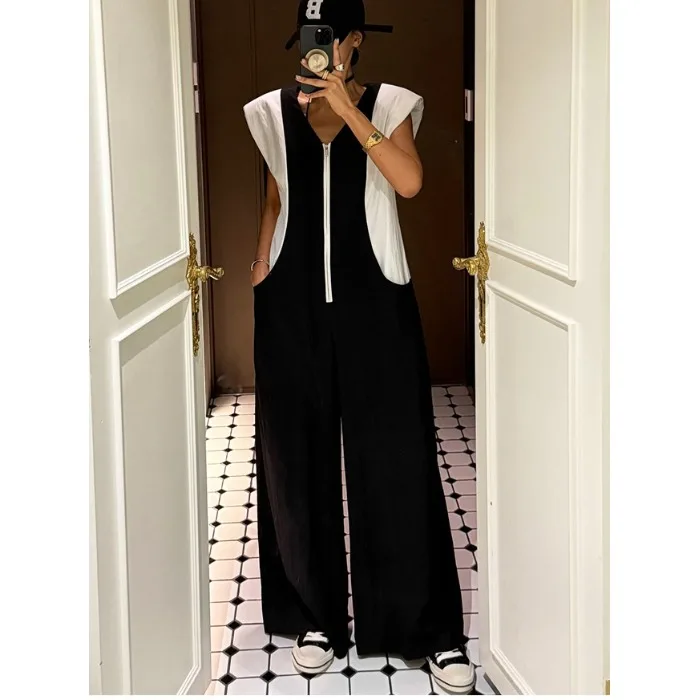 2026 Summer New Korean Style Chic Fashion Casual Color Matching Sleeveless  Pants for Women Wide Leg Natural Waist