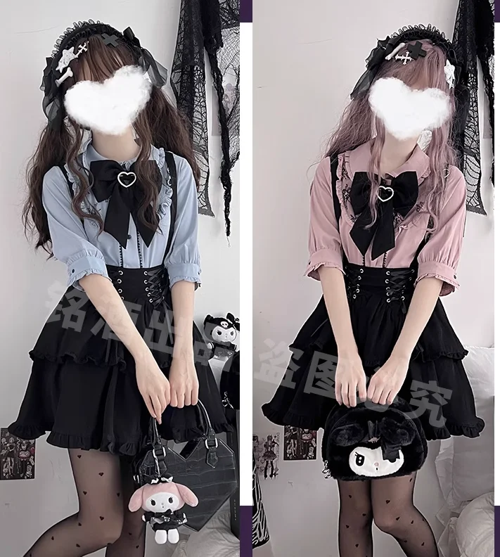 2023 Summer New Sweet Bow Lace Flared Long Sleeve Pink Blouse Tops Lolita Girls Shirt Blusa Black Suspender Skirt Mine Skirt Set