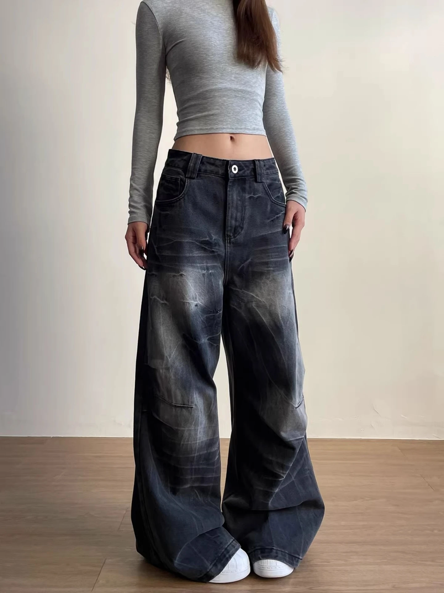 Jeans en denim déchiré à taille haute American Sle pour femmes, pantalon ample à jambes larges, style vintage, pli, élégant