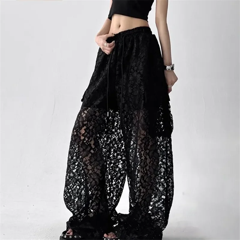 Spring Summer Wide-Leg Pants Women 2026 New Fashion Loose Casual Large Size Hollow Out Pure Colour Pant Female