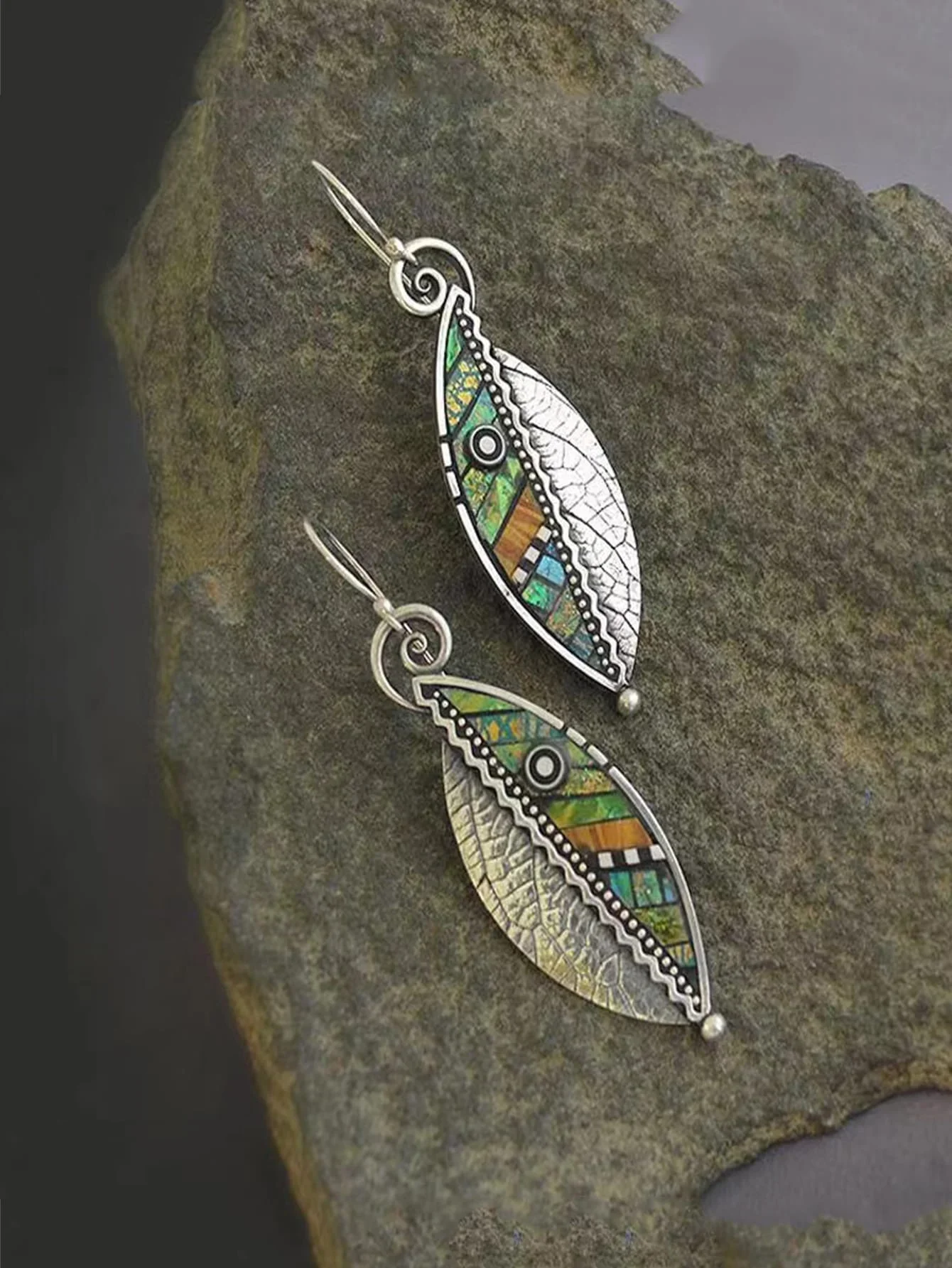 Bohemian Green Leaf Earrings for Women Ethnic Abstract Vintage Silver Color Drop Dangle Earring image 4