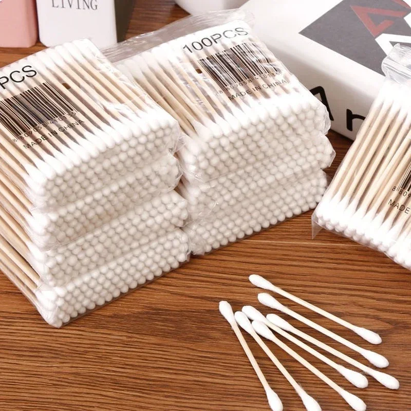 Cotton Swab Storage Box Double Head Cotton Buds Container Transparent Square Bamboo Cover Cotton Swab Toothpick Organize Box Box