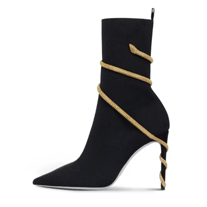 2026 Winter Snake Wrap Ring Water Diamond Short Boots New European American Pointed Thin Heel Black Mid Length Women's Boots