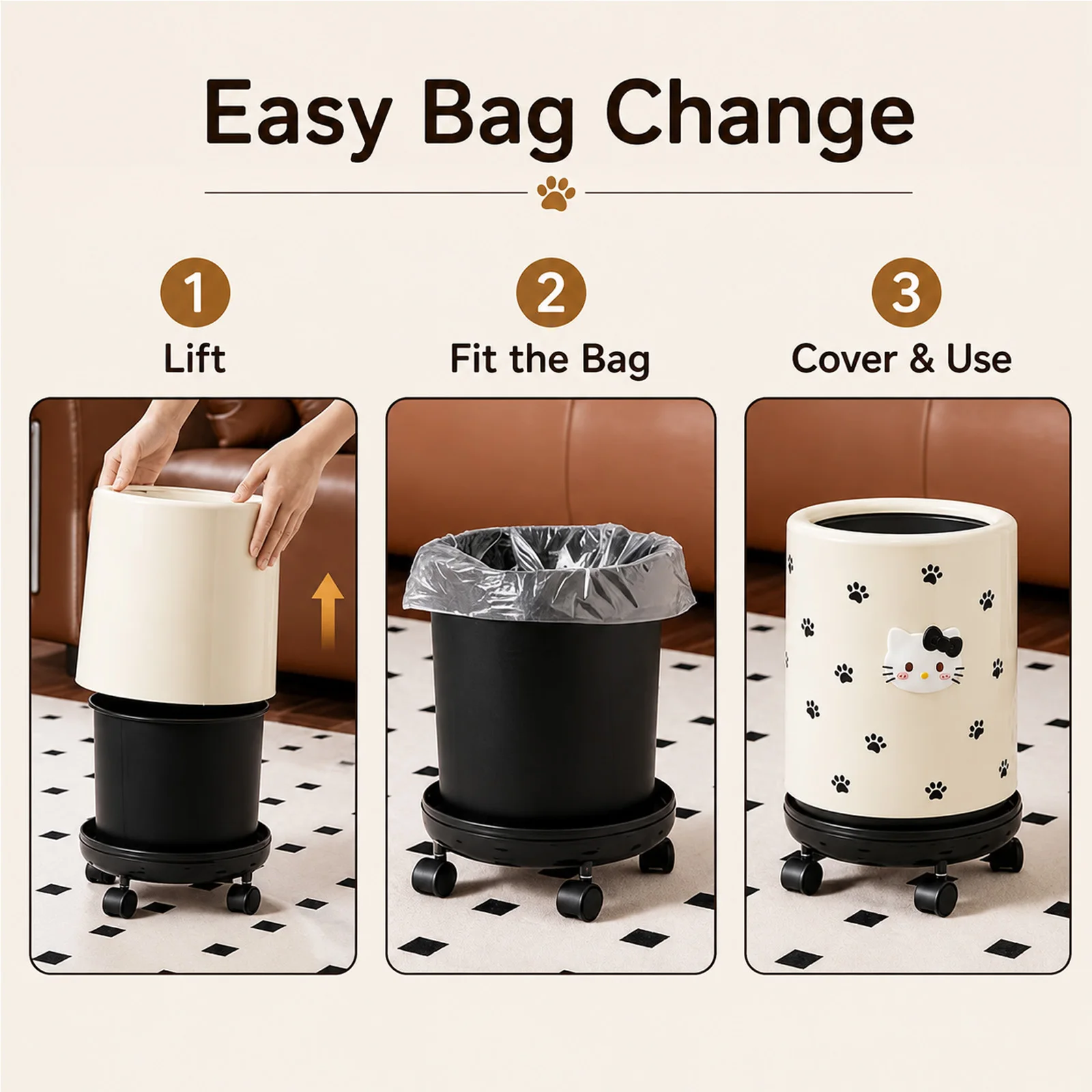 Sanrio Hello Kitty Rolling Trash Can with 360 Universal Wheels Large Capacity Household Waste Bin with Free DIY Stickers view 4
