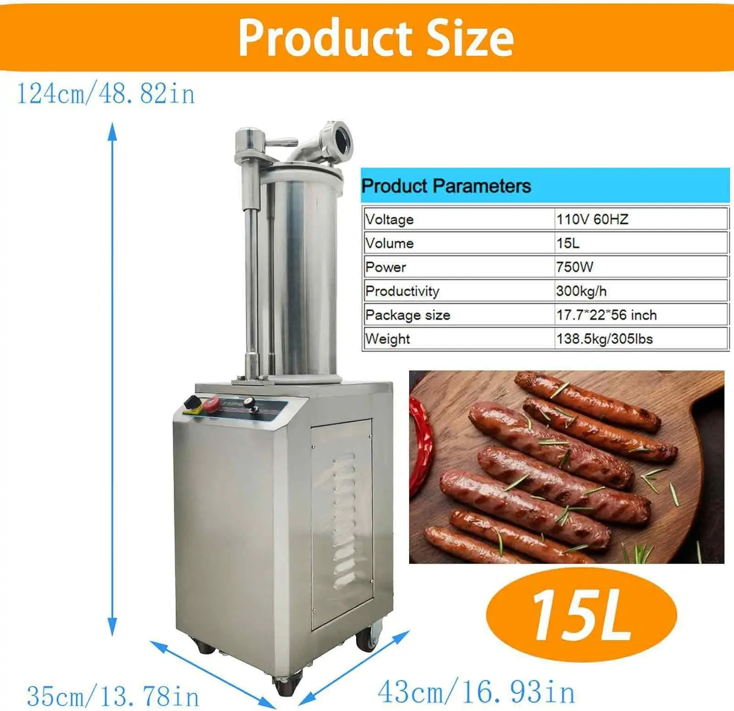15L 전기 소시지 충전기 유압 자동 소시지 충전기 스테인리스 스틸 소시지 제조기 3개 충전 노즐 포함