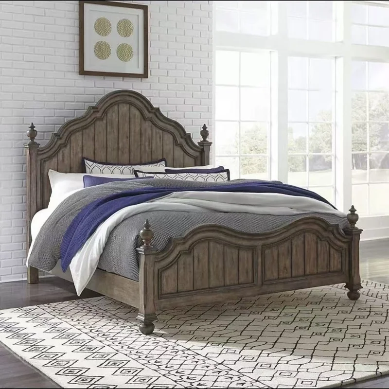 #Premium Vintage Rustic Farmhouse SolidWood Bed Weathered Finish Curved Elegant Headboard KingQueen Bedroom Home Furniture Frame