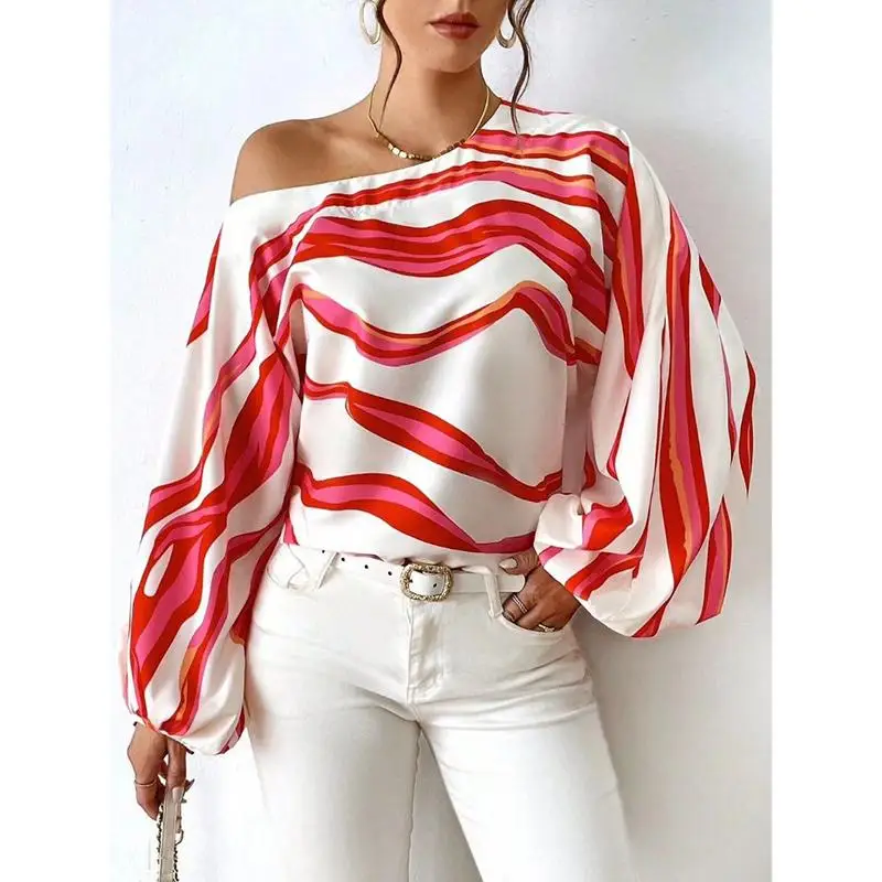 

Fashion Long Sleeve Sexy Off Shoulder Shirts women Slash Neck Printed Loose Casual Blouses Women Elegant Simple Lady Shirt Tops