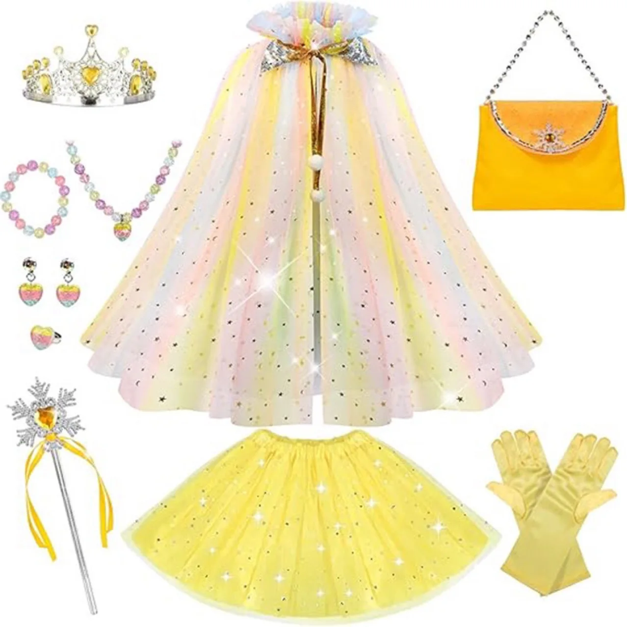 Cosplay Princess Costumes for Kids Queen Dress Mesh Cape Short Skirt Cloak Girls Headwear Accessories Set Bag Crowns Wand Party