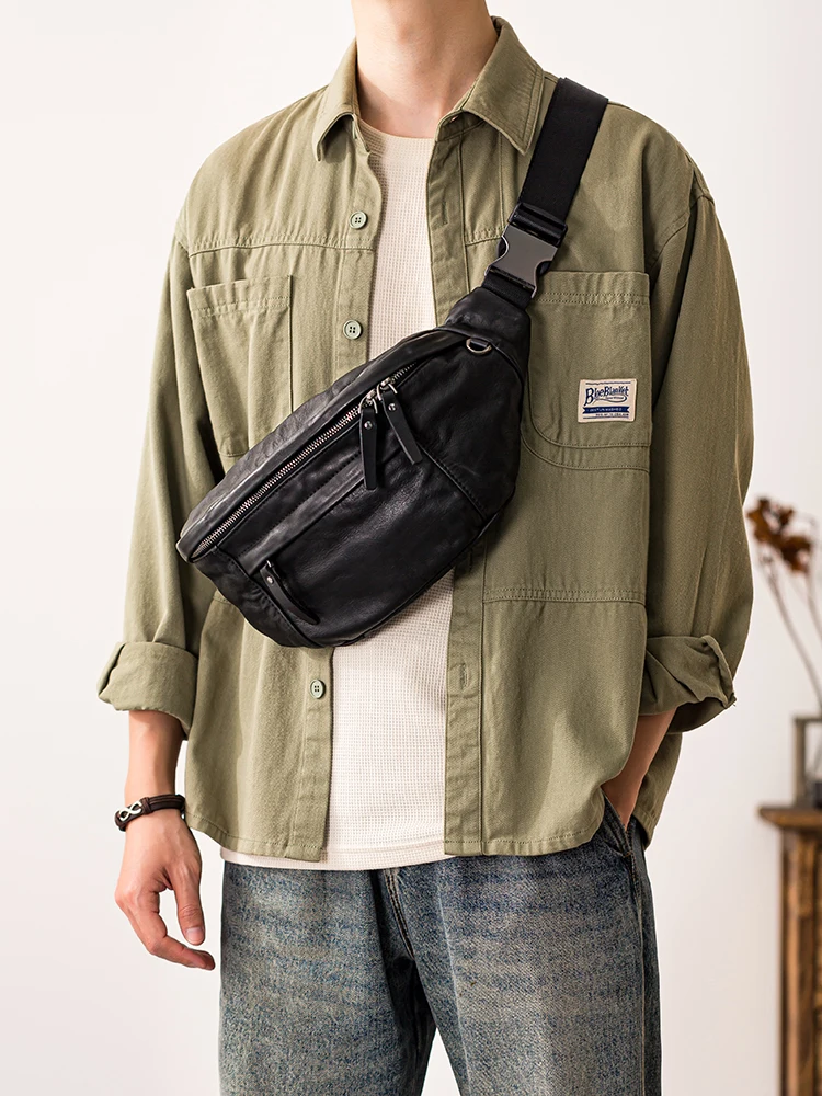 

PNDME casual outdoor sports first layer cowhide men's chest bag fashion luxury handmade genuine leather motorcycle crossbody bag