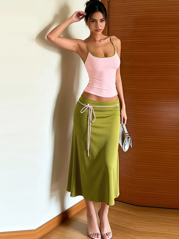 

Kliou Elegant Style 2 Piece Set Woman Summer Trend Low-Neck Backless Shape Waist Camisoles+Ribbon Decoration Long Skirts Suits
