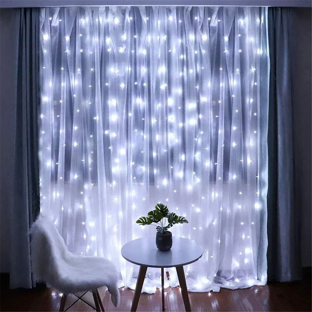 Cortina Guirlanda LED String Lights, Decoração de Natal, Controle Remoto USB, Luz De Férias, Quarto, Casa, Ao Ar Livre, 8 Modos, 1Pc