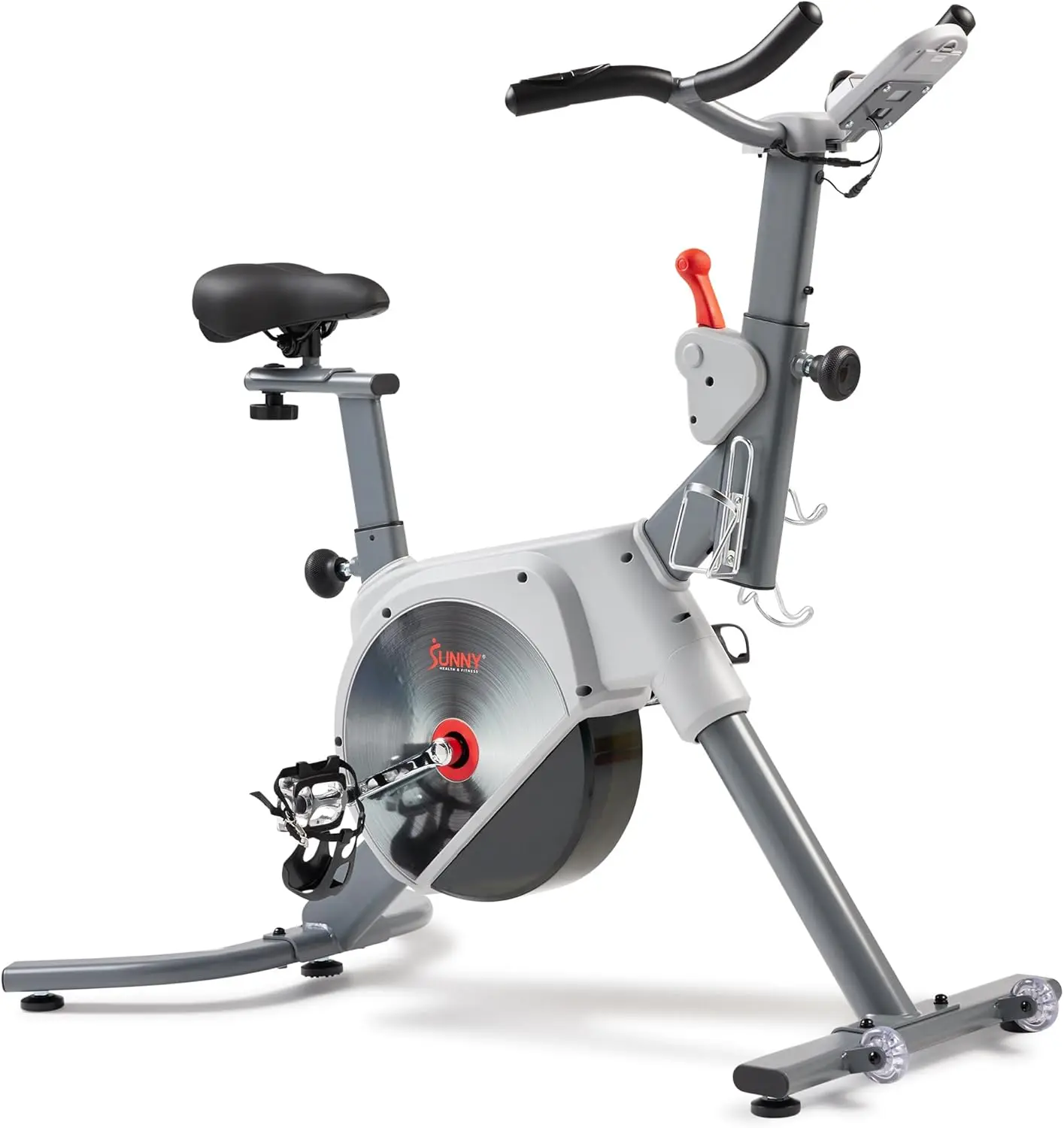 Sunny Health & Fitness Indoor Stationary Cycling Exercise Bike for Home Cardio Workout, 4-Way Adjustable & Cushioned Seat,