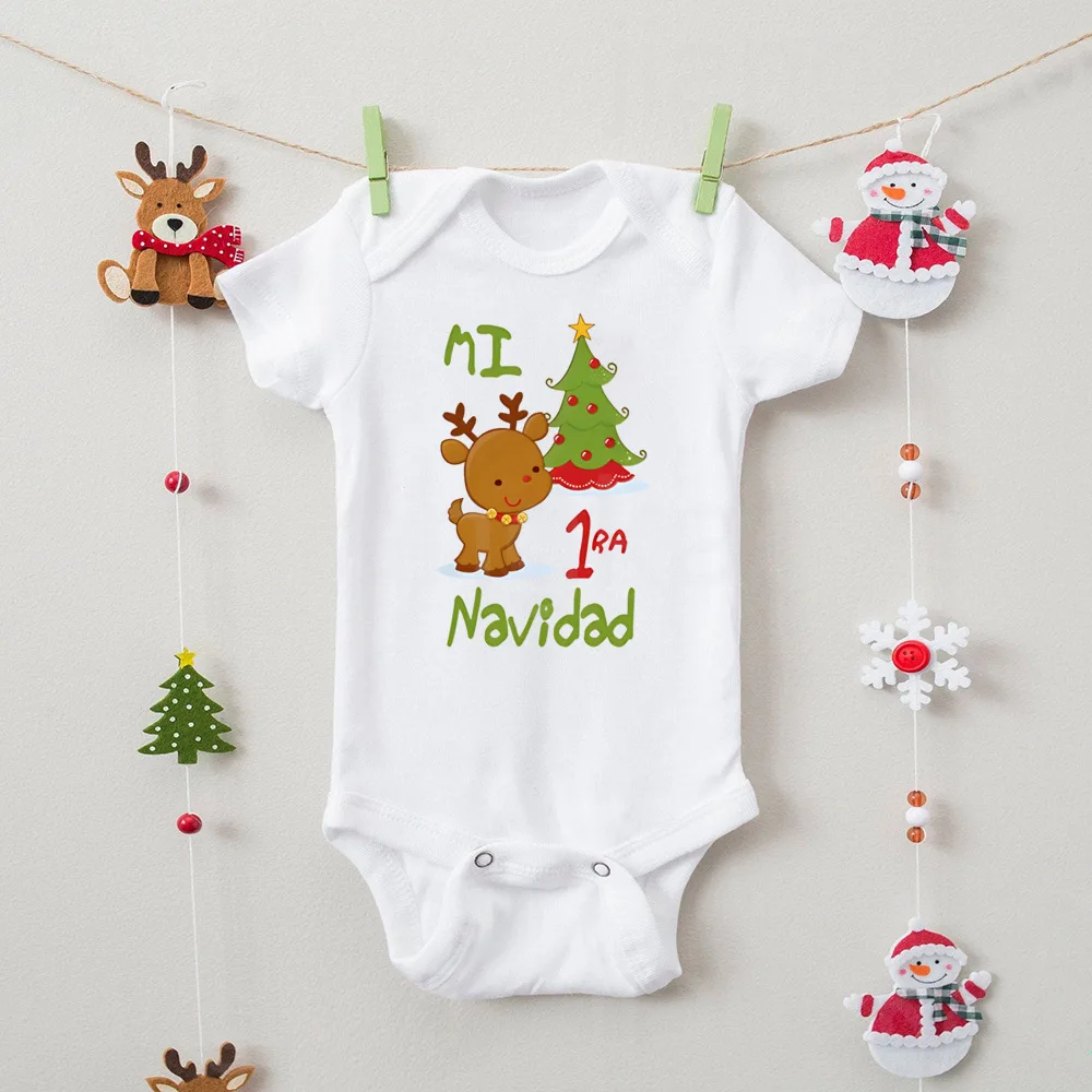 My First Christmas Spanish Printed Newborn Bodysuit Infant Baptism Outfits Baby Short Sleeve Romper Toddler Xmas Party Clothes