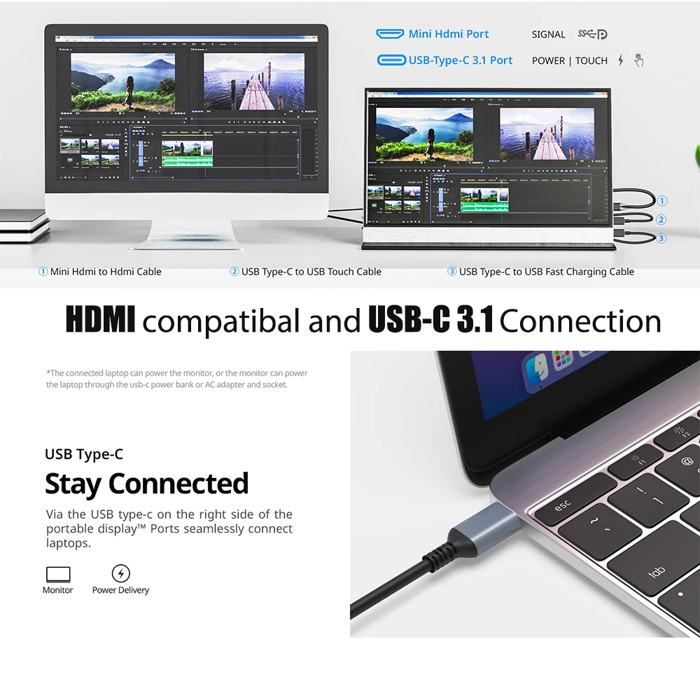 شاشة تعمل باللمس محمولة FHD ، شاشة تعمل باللمس ، x ، p ، SRGB مناسبة لأجهزة Macbook ، الهاتف ، الكمبيوتر المحمول ، XBox ، الكمبيوتر الشخصي ، PS4 ، 5 ، السفر ، الألعاب المكتبية