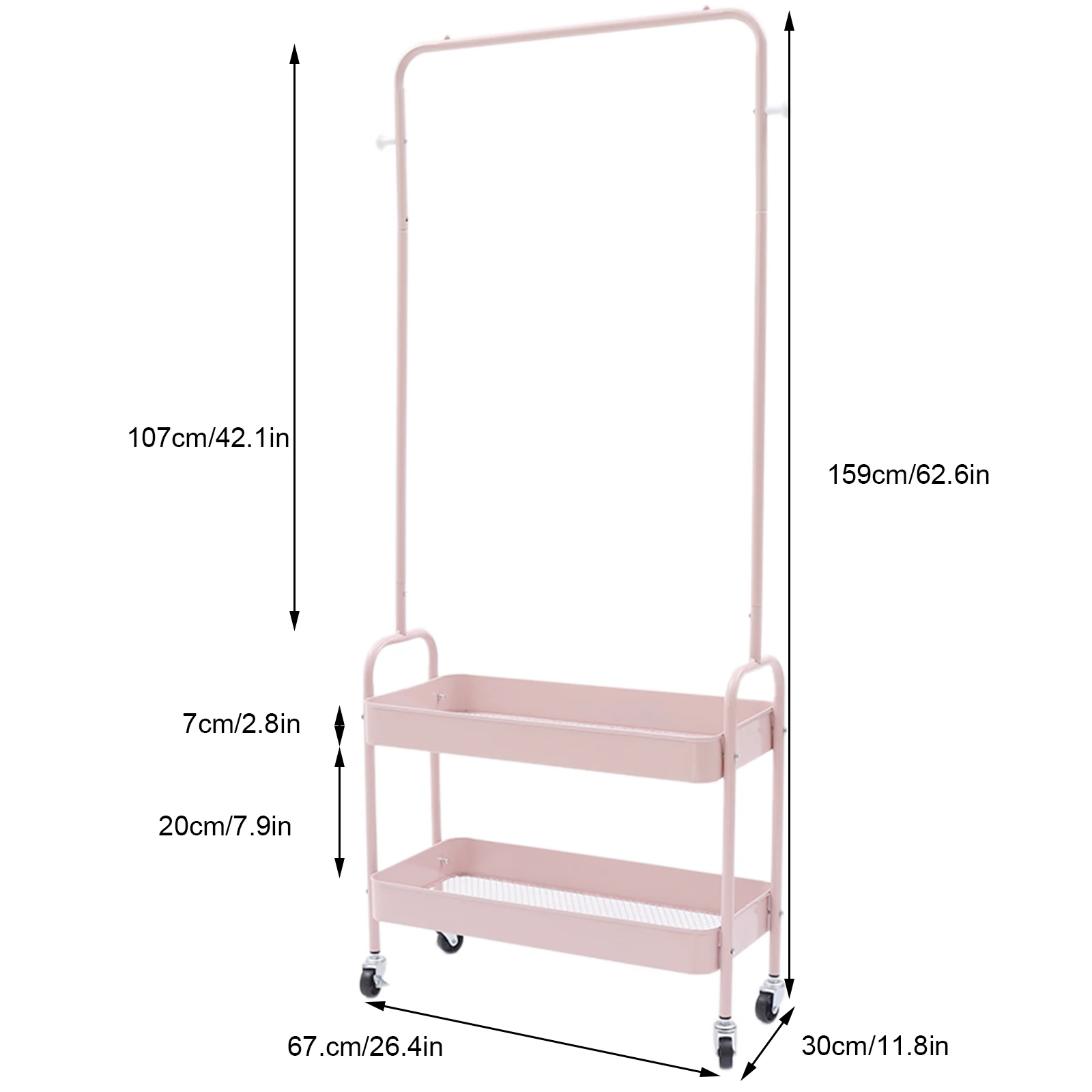 Perchero de pie de acero al carbono para ropa, cestas de red con ruedas universales, para colgar ropa, 26,4x11,8x62,6 pulgadas