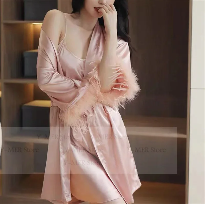 

Роскошное свадебное платье невесты, костюм с перьями, лоскутное кимоно, 2 шт., розовый атласный халат, женская одежда для сна, пижамы, подарок, женское нижнее белье