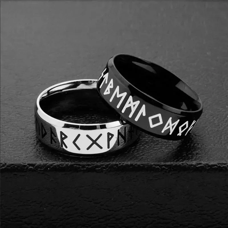 8MM Viking Nordic Mythology Amulet Rune Titanium Steel Fashion Hip Hop Rock Unisex Ring Punk Party Gift