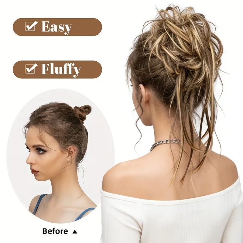 Cabello sintético perezoso, extensión de cabello largo y rizado, moño de cabello esponjoso para mujer, regalos de Navidad y Halloween 5