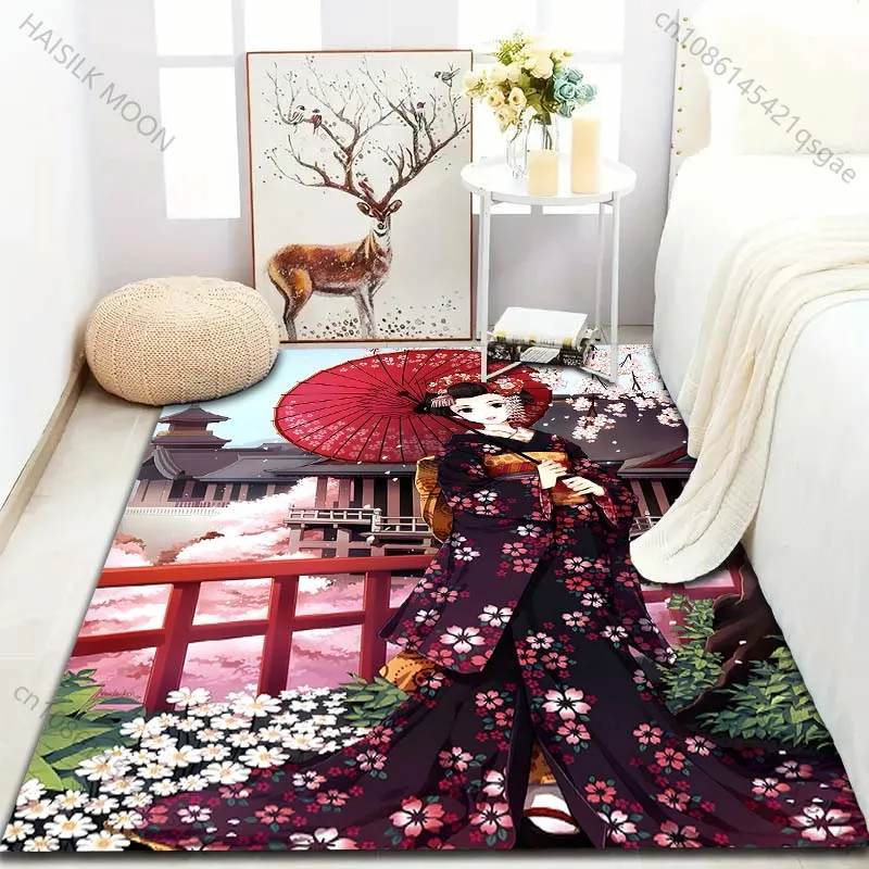 

Ковер с изображением японской девушки в кимоно и узором вишневого цвета для гостиной, спальни, дивана, домашнего декора, нескользящий напольный коврик, роскошный подарок