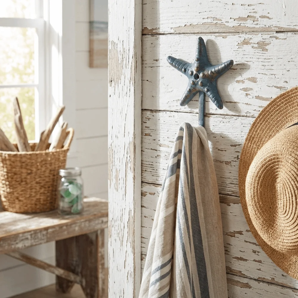 

Starfish Shape Cast Iron Hook Ocean Blue Finish Gold Brushed Details Wall Mounted Hook Vintage Rustic Three-Dimensional Design