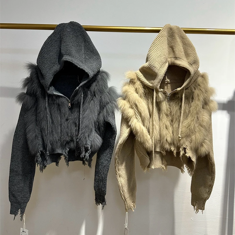 2025 جديد وصول المرأة الشتاء كسر تصميم قصير هوديي الثعلب الفراء سترة سميكة فضفاضة الفتاة مقنعين سترة معطف