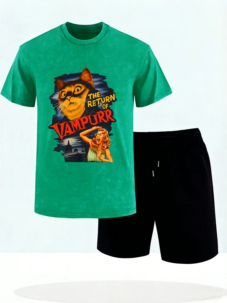 

The Return Of Cat Print Summer Washed T-Shirt Man Comfortable Cotton T Shirt Sport All-Match Fashion Clothes Loose Shorts Set
