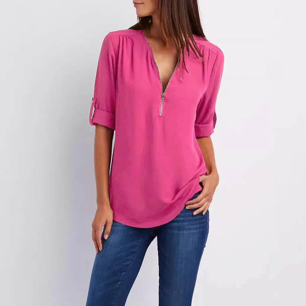 Summer Women Cool Loose Shirt Deep V Neck Chiffon Blouse Casual Ladies Tops Sexy Zipper Pullover Plus Size Long Sleeve Fashion