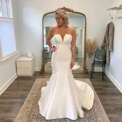 Customized Mermaid Wedding Dresses For Women Bride Modern Strapless Sleeveless Bridal Gowns Backless Sweep Train Robe De Mariée