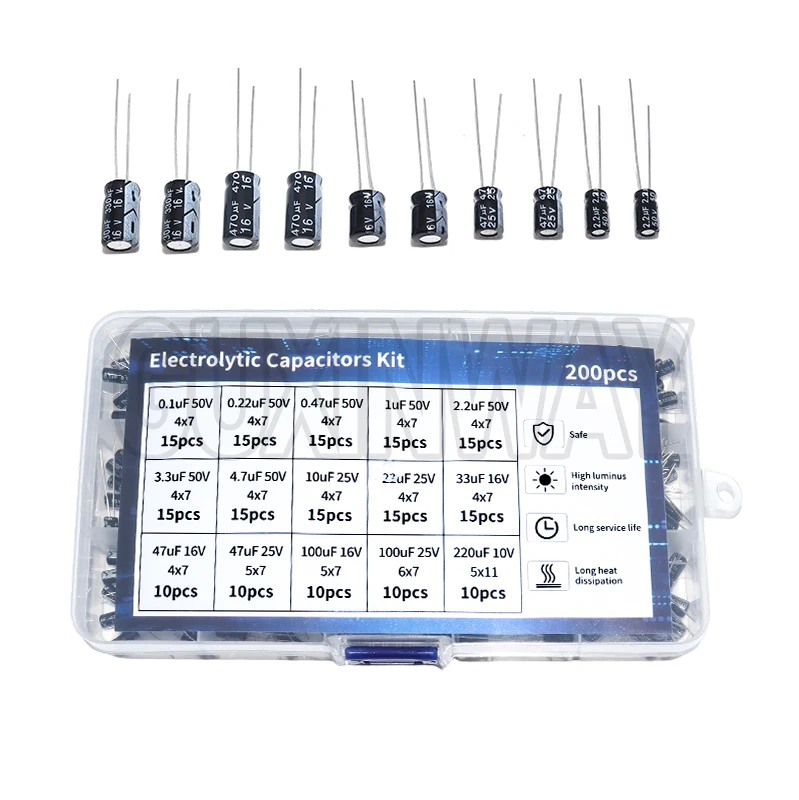 200pcs 15 값 10V 16V 25V 50V 0.1uF-220uF 0.22uf 2.2uf 100uf 방사형 커패시터 세트 전해 커패시터 분류 키트