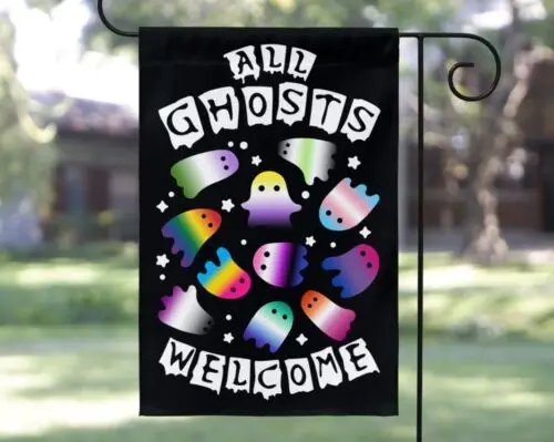 All Ghosts Welcome Garden Flag, Spooky Lgbtqia Yard Flag, Lgbt Pride Halloween F