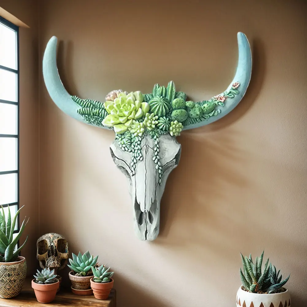 

Cow Skull Wall Hanging Decor Resin White Bull Head Pendant Creative Longhorn Cow Skull Head Sculpture for Bar Hotel Living Room