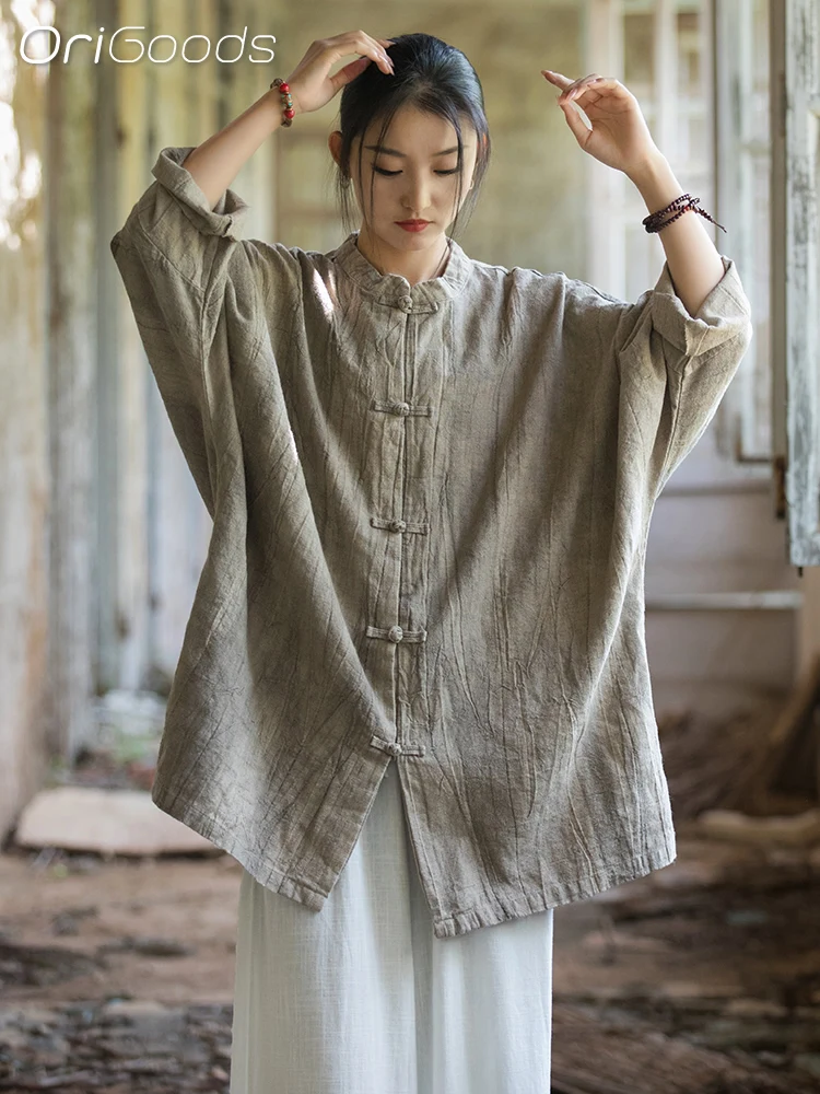 OriGoods Oversized Shirt for Women Natural Fabric Ramie Tie-dye Loose Oversize Long Shirt Blouse Vintage Japan Chinese Tops B166