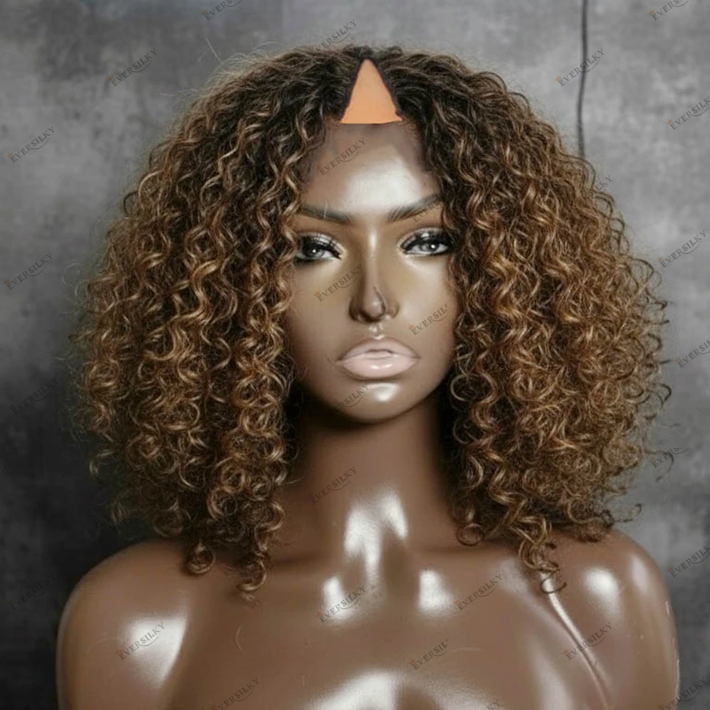 

Black Women Afro Kinky Curly Brown/Ginger/Burgundy/Ombre Blonde Human Hair V Part Wigs 1X4 Size V Shape Open 200Density Remy