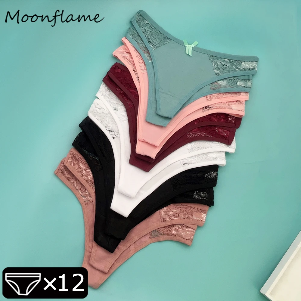 

Moonflame 12 Pcs Hot Sale Girls Panties Underwear Women Low Rise Intimate Solid Color Sexy Lace G String Thongs