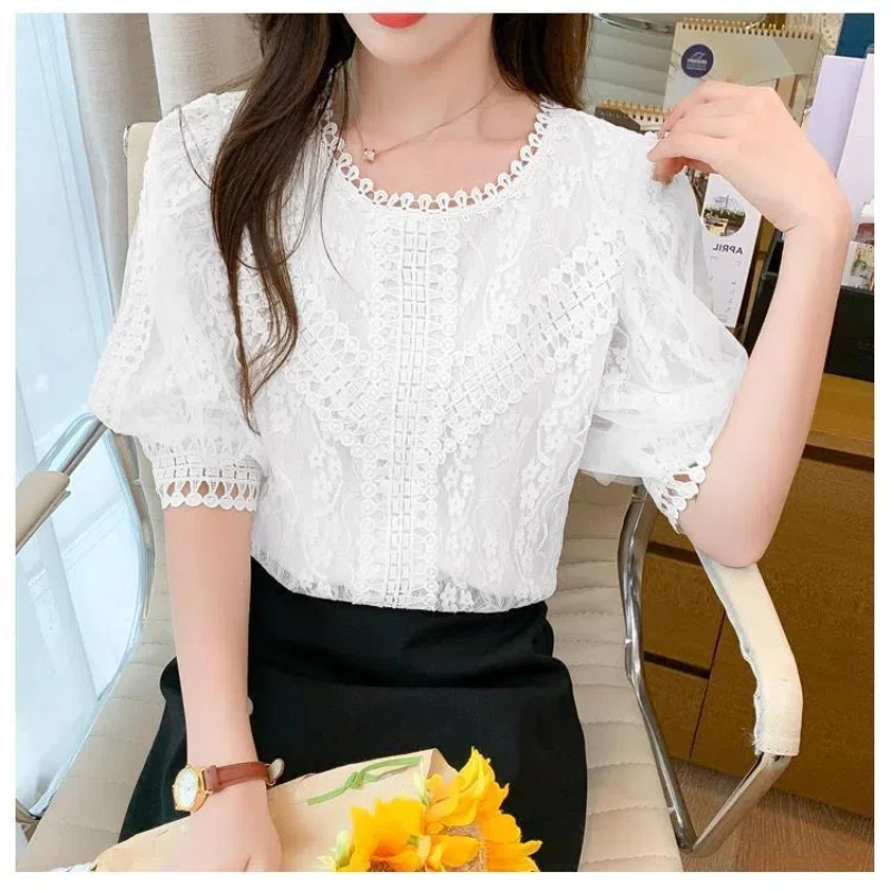 Simplicity Office Lady Summer Women's Solid O-Neck Lace Puff Sleeve Patchwork Fashion Loose Short Sleeve Chiffon Shirt Tops