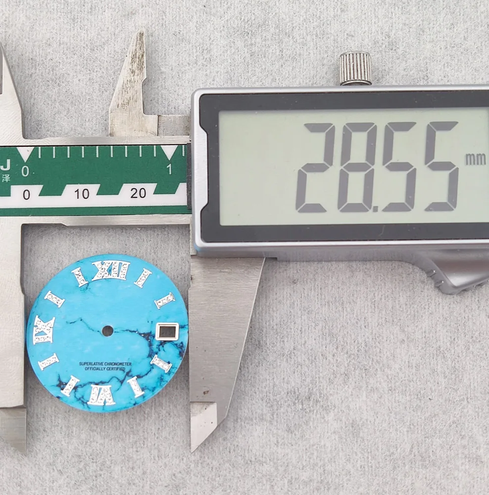 Esfera NH35 de 28,5mm, esfera de diamante integrada, calendario único, esfera agrietada adecuada para movimiento NH35/NH36, esfera azul de alta calidad