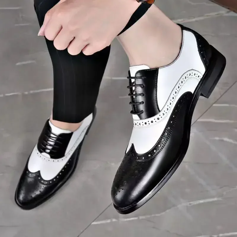 Classic brown white leather splicing men lace up casual shoes plus size comfortable business formal wedding dress shoes brogues