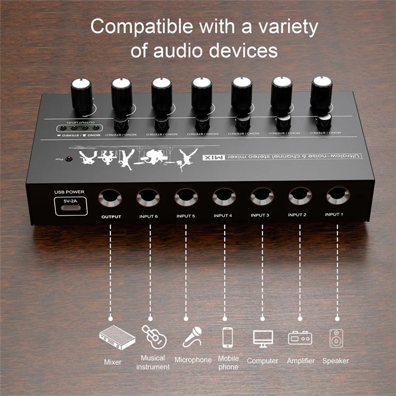 

A99I-Mini Stereo Audio Mixer 6 Channel Microphone Mixer Instrument Expander For Guitar/Electric Keyboard/Amplifier/Speaker