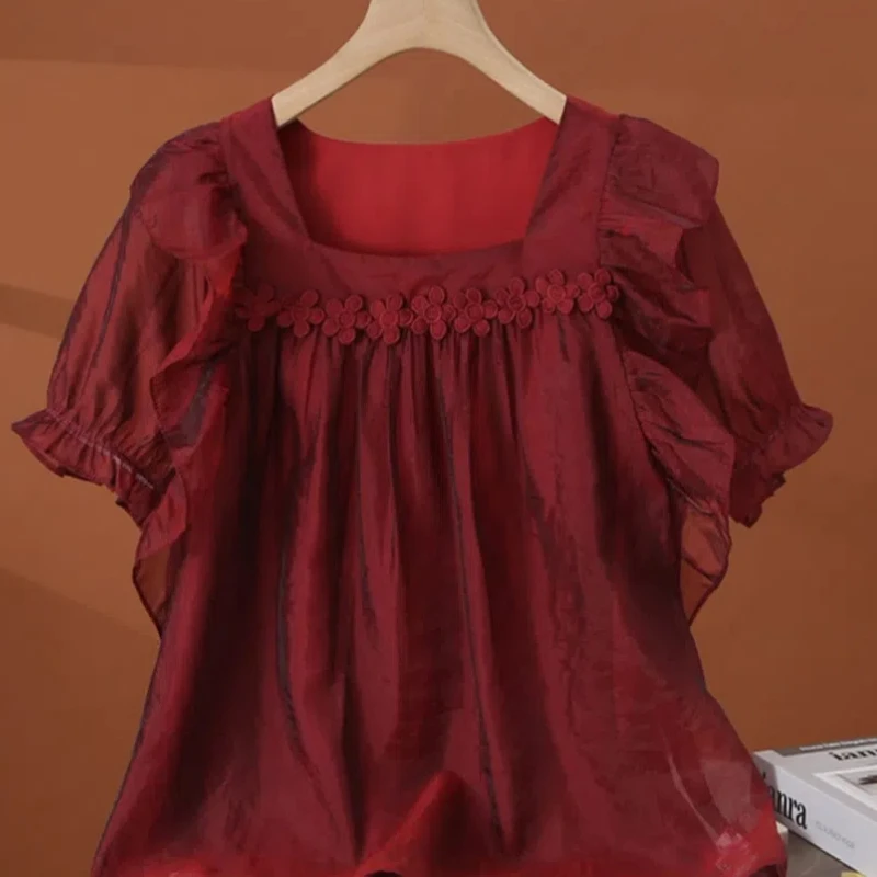 Blusa de gasa con cuello cuadrado para mujer, camisa de manga corta con volantes y lazo de encaje empalmado, Color sólido, Verano