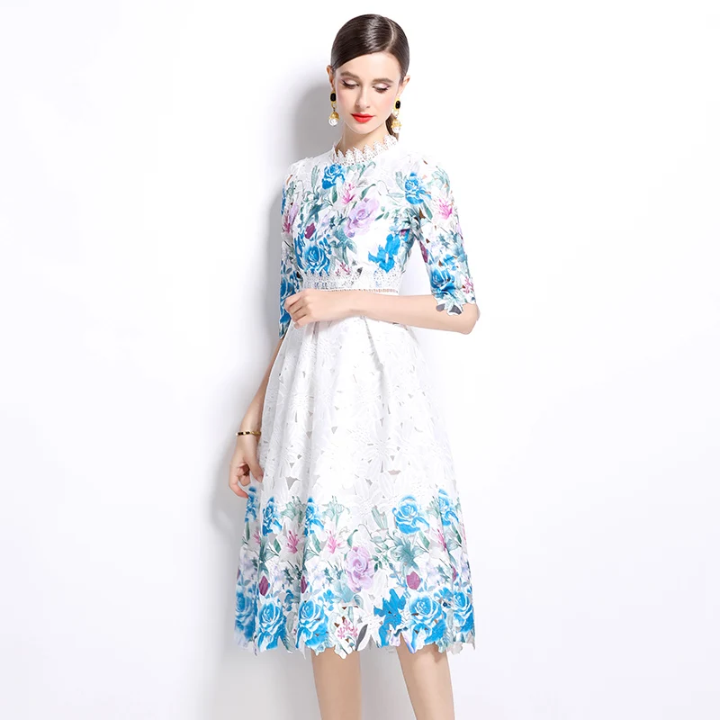 Summer Runway Hollow Out Floral Embroidery Lace Midi Dress For Women Women Short Sleeve Floral Print Slim Waist Party Vestidos