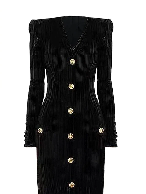 

Spring Autumn New Celebrity Velvet Long-sleeved Slim Long Dress Classic Temperament Hepburn Style Single-breasted A-line Dress