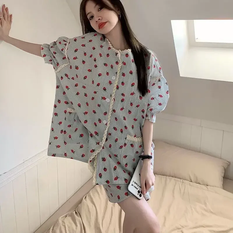 Strawberry Women Pajamas Sets for Home Summer Ruffles Sleepwear Shorts Sleeve Lace 2 Pieces Night Wears Korean Home Suit 2024