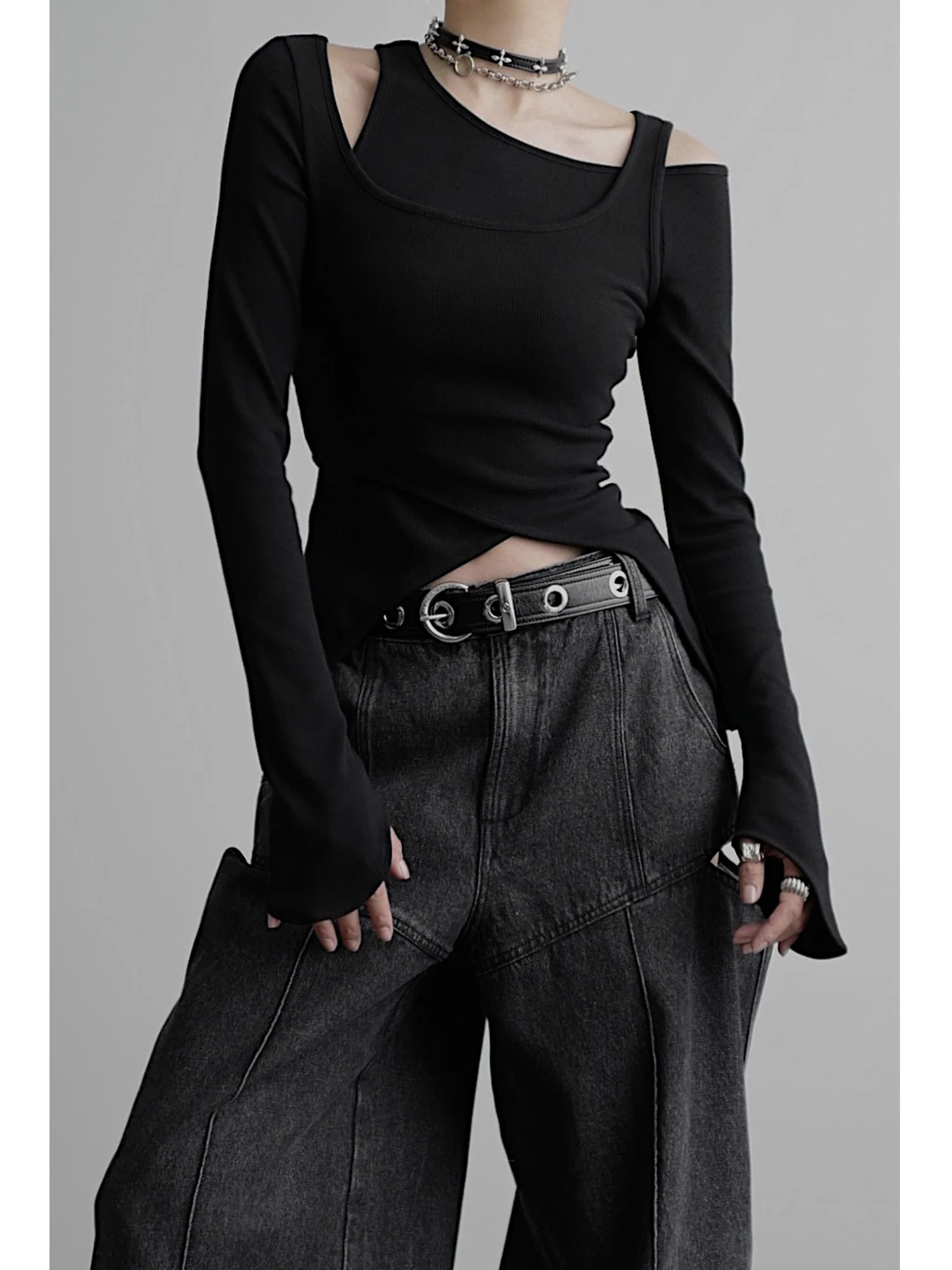 

Асимметричная трикотажная футболка Tee-Way Chen LadyCHENTAITAI Pure Color Slim Fit Sle для молодых женщин в 20-х годов